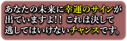 あなたの未来に幸運のサインが出ていますよ！！これは決して逃してはいけないチャンスです。